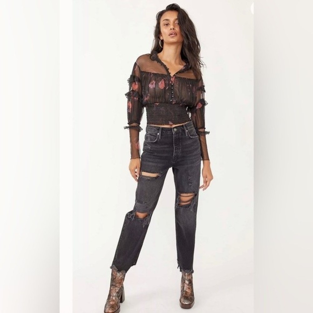 NWT- FREE PEOPLE DESTRUCTED TAPERED BAGGY BOYFR OBSIDIAN 27 BLK